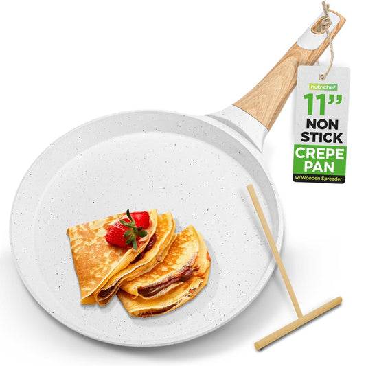 11" Non-Stick Crepe Pan, Easy Clean Marble Coating, White Cream Marble