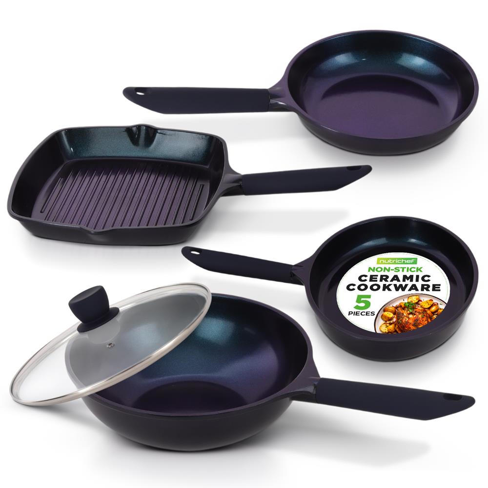 5-Piece Nonstick Frying Pan Set, Even Heat Ceramic, Blue Diamond – Pyle USA