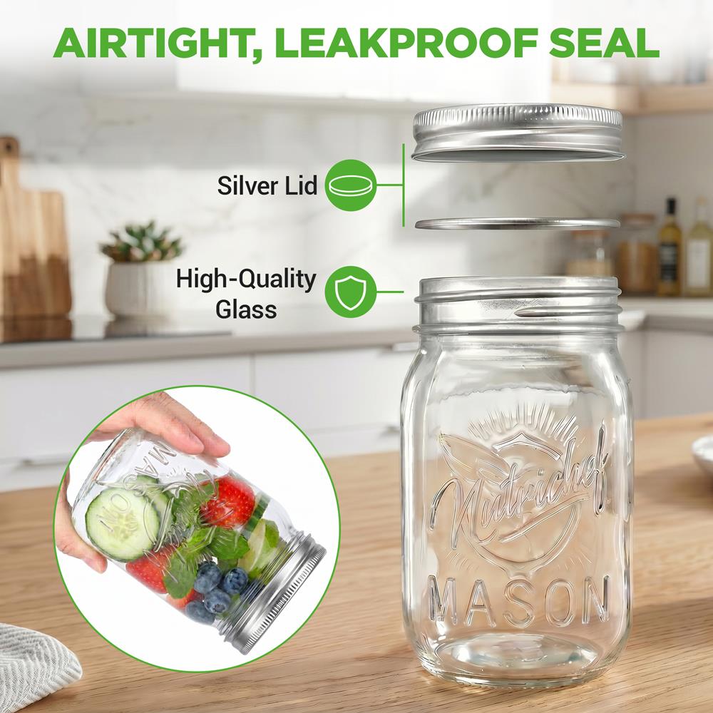 16-Pack 16 oz Mason Jars - Airtight Seal, Durable Glass, Silver