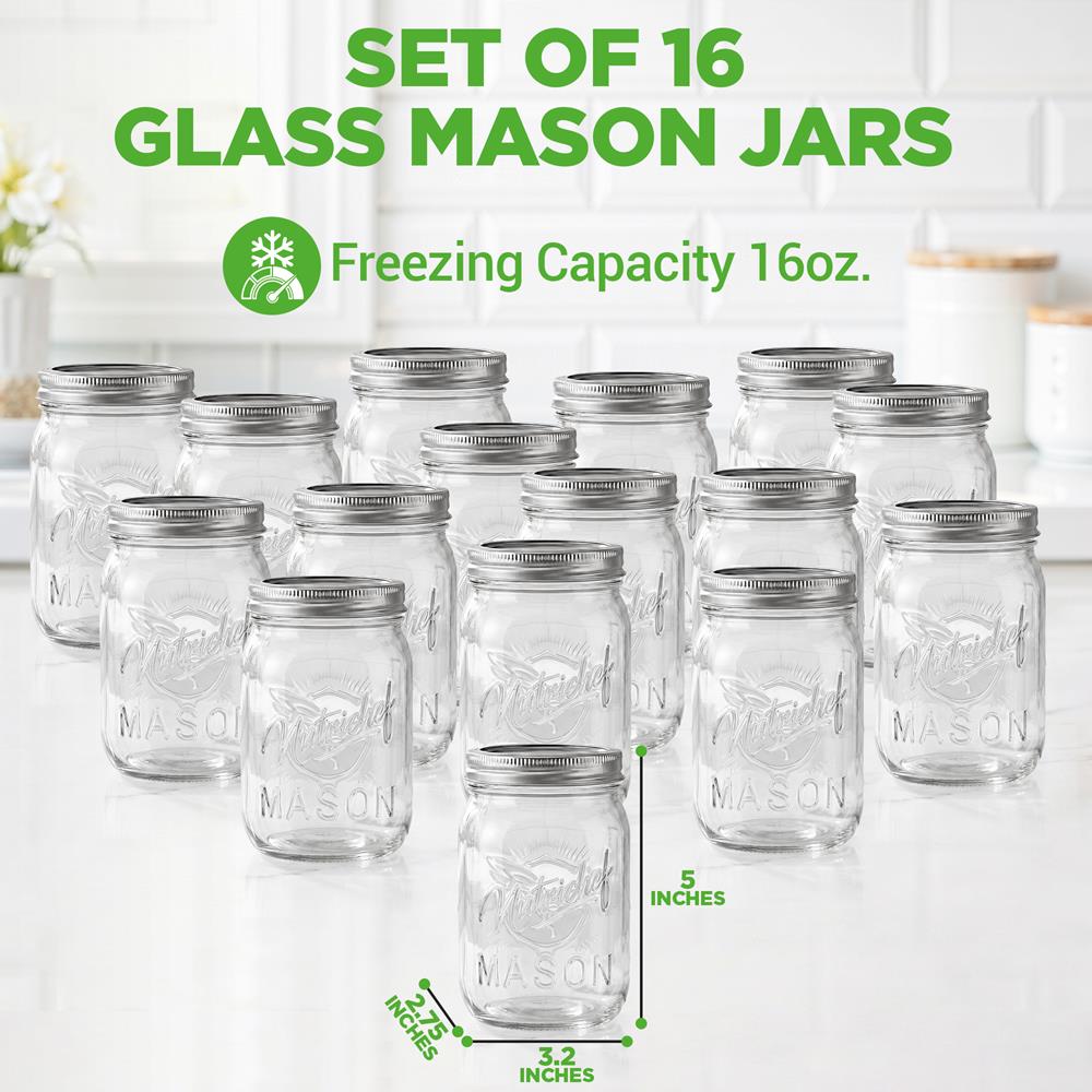 16-Pack 16 oz Mason Jars - Airtight Seal, Durable Glass, Silver