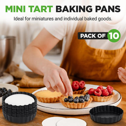 Mini Tart Pans 10pc Set Nonstick Removable Bottom Carbon Steel