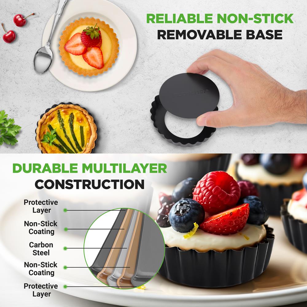 Mini Tart Pans 10pc Set Nonstick Removable Bottom Carbon Steel