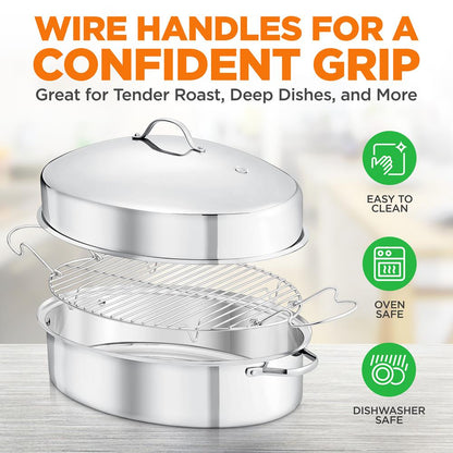 20" Oval Roasting Pan - Tender Roasts - Stainless Steel, Dishwasher Safe