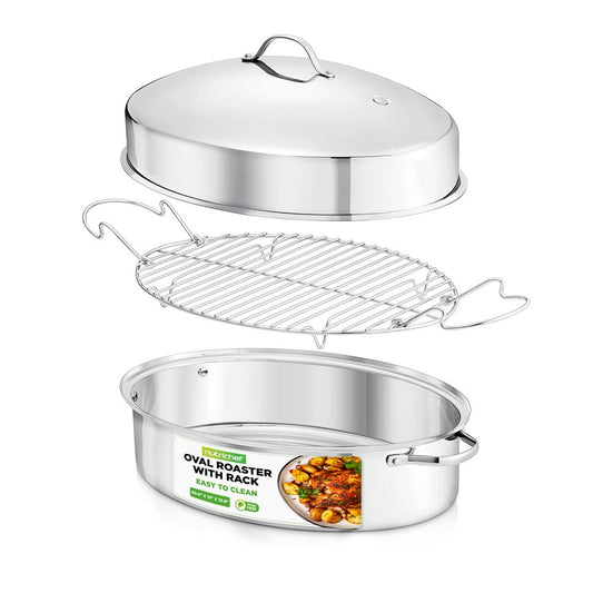 20" Oval Roasting Pan - Tender Roasts - Stainless Steel, Dishwasher Safe