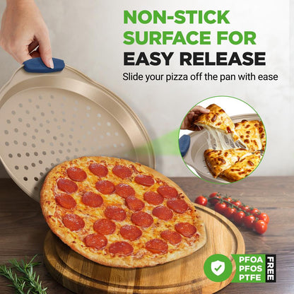 3-Piece Pizza Tray Set for Crispy Pizzas, Nonstick Carbon Steel, Gold