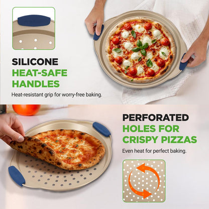 3-Piece Pizza Tray Set for Crispy Pizzas, Nonstick Carbon Steel, Gold