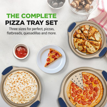 3-Piece Pizza Tray Set for Crispy Pizzas, Nonstick Carbon Steel, Gold