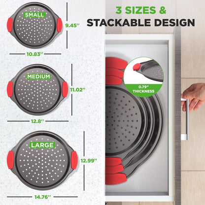 3-Piece Pizza Tray Set for Crispy Pizzas, Nonstick Carbon Steel, Gray