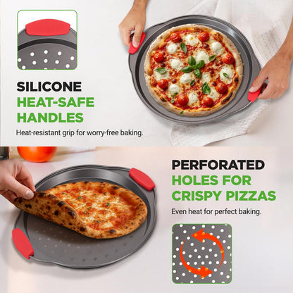 3-Piece Pizza Tray Set for Crispy Pizzas, Nonstick Carbon Steel, Gray