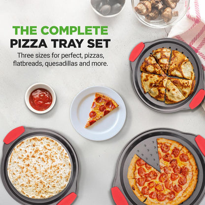 3-Piece Pizza Tray Set for Crispy Pizzas, Nonstick Carbon Steel, Gray