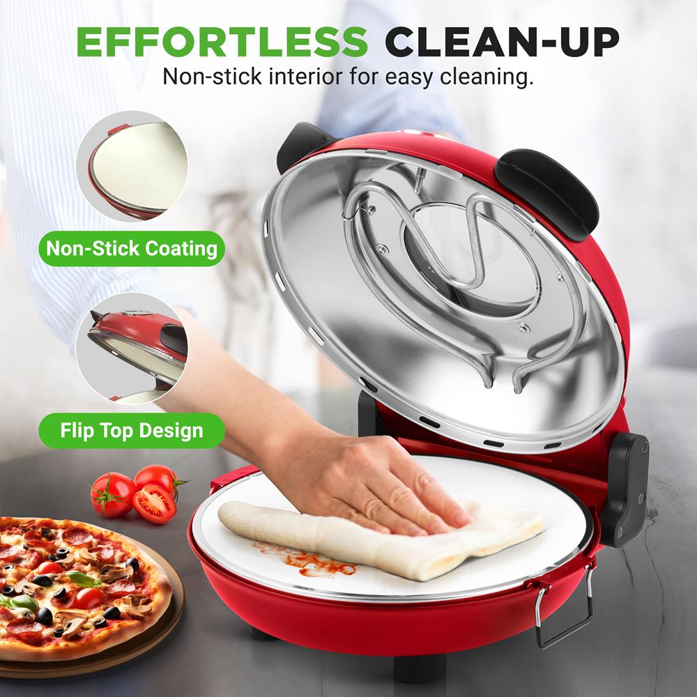 Electric Pizza Oven, Precise Cooking, Non-Stick Stone, Red - Thumbnail 2