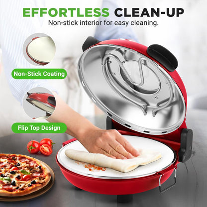 Electric Pizza Oven, Precise Cooking, Non-Stick Stone, Red