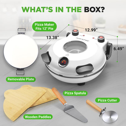 Electric Pizza Oven 12" | Precise Cooking | Non-Stick Stone | White