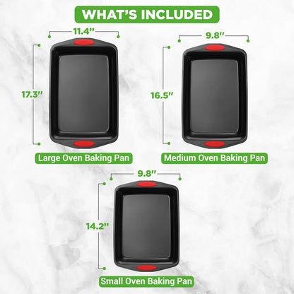 3-Piece Nonstick Baking Pan Set - Easy Clean Carbon Steel 0.6mm, Red Handles