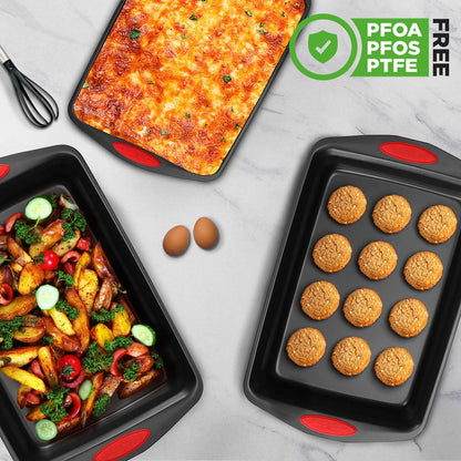 3-Piece Nonstick Baking Pan Set - Easy Clean Carbon Steel 0.6mm, Red Handles
