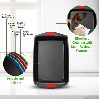 3-Piece Nonstick Baking Pan Set - Easy Clean Carbon Steel 0.6mm, Red Handles