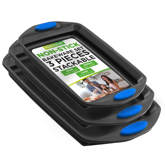 3-Piece Nonstick Baking Pan Set, Carbon Steel, Blue Handles, Gray