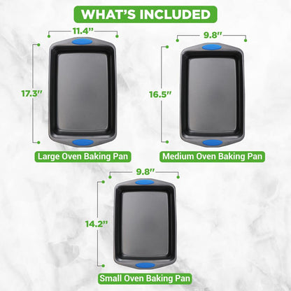 3-Piece Nonstick Baking Pan Set, Carbon Steel, Blue Handles, Gray