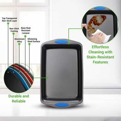 3-Piece Nonstick Baking Pan Set, Carbon Steel, Blue Handles, Gray