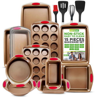 15-Piece Nonstick Bakeware Set, Durable Carbon Steel, Gold