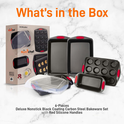 6-Piece Nonstick Bakeware Set - Easy Clean Carbon Steel, Red Handles