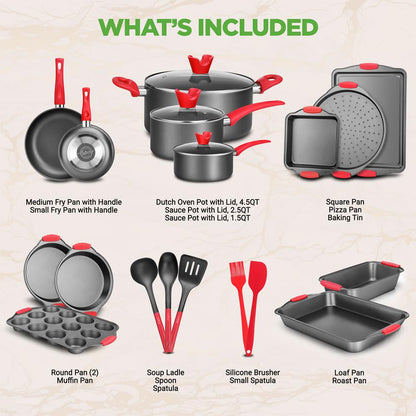 21-Piece Nonstick Cookware Set - Even Heat, Cool-Touch Handles, Red