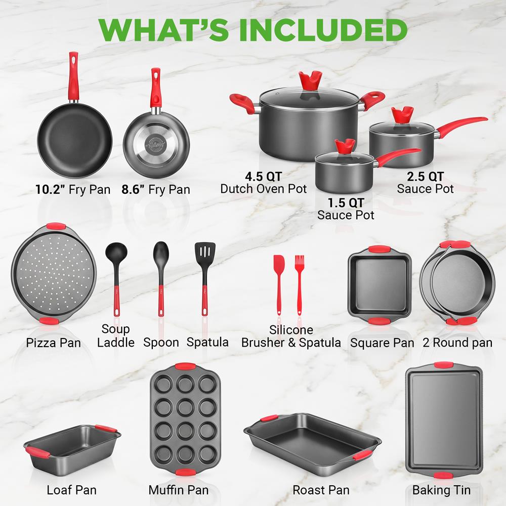 21-Piece Nonstick Cookware Set - Even Heat, Cool-Touch Handles