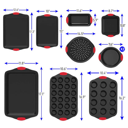 10-Piece Nonstick Bakeware Set, Easy Clean Carbon Steel, Red Handles
