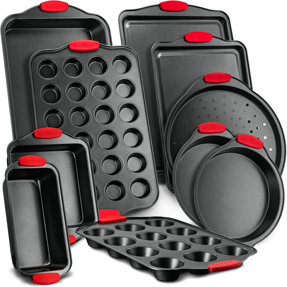10-Piece Nonstick Bakeware Set, Easy Clean Carbon Steel, Red Handles