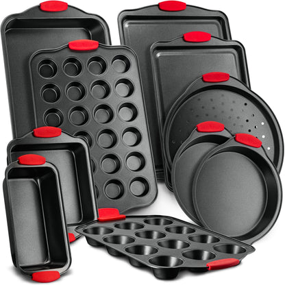 10-Piece Nonstick Bakeware Set, Easy Clean Carbon Steel, Red Handles