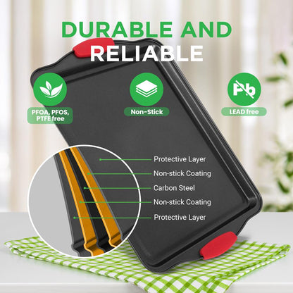 3-Piece Nonstick Baking Pan Set - Easy Clean Carbon Steel 0.4mm, Red Handles