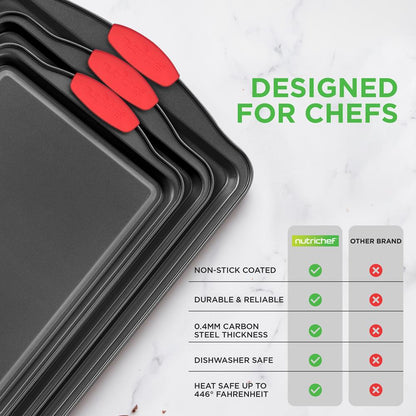 3-Piece Nonstick Baking Pan Set - Easy Clean Carbon Steel 0.4mm, Red Handles