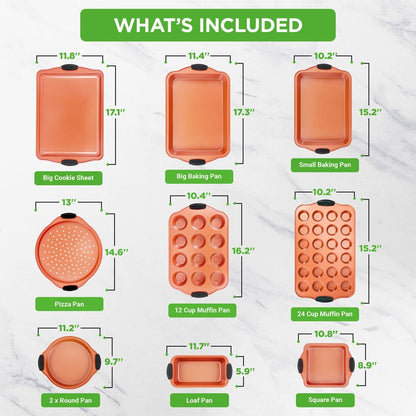 10-Piece Nonstick Bakeware Set, Even Heating, Carbon Steel, Blue Handles