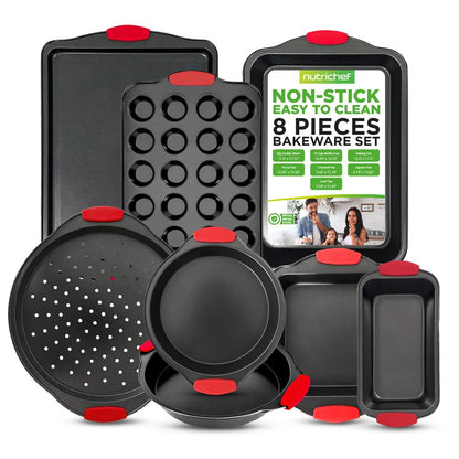 8-Piece Nonstick Bakeware Set, Carbon Steel, Red Silicone Handles