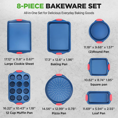 8-Piece Nonstick Bakeware Set, Carbon Steel, Silicone Handles, Blue