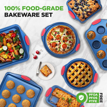 8-Piece Nonstick Bakeware Set, Carbon Steel, Silicone Handles, Blue