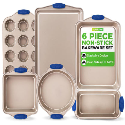 6-Piece Nonstick Bakeware Set - Easy Clean Carbon Steel, Blue Handles