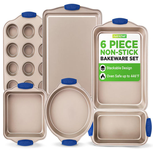 6-Piece Nonstick Bakeware Set - Easy Clean Carbon Steel, Blue Handles