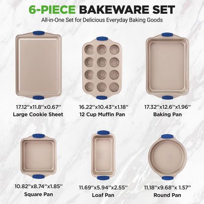 6-Piece Nonstick Bakeware Set - Easy Clean Carbon Steel, Blue Handles