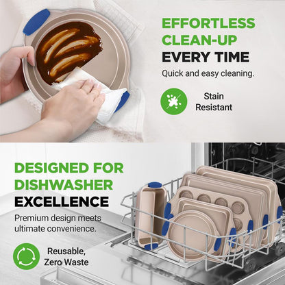 6-Piece Nonstick Bakeware Set - Easy Clean Carbon Steel, Blue Handles