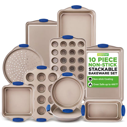 10-Piece Nonstick Bakeware Set - Easy Clean Carbon Steel, Blue Handles