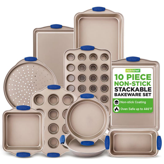 10-Piece Nonstick Bakeware Set - Easy Clean Carbon Steel, Blue Handles