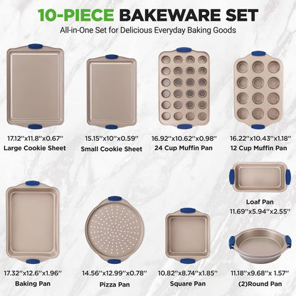 10-Piece Nonstick Bakeware Set - Easy Clean Carbon Steel, Blue Handles