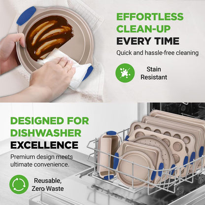 10-Piece Nonstick Bakeware Set - Easy Clean Carbon Steel, Blue Handles