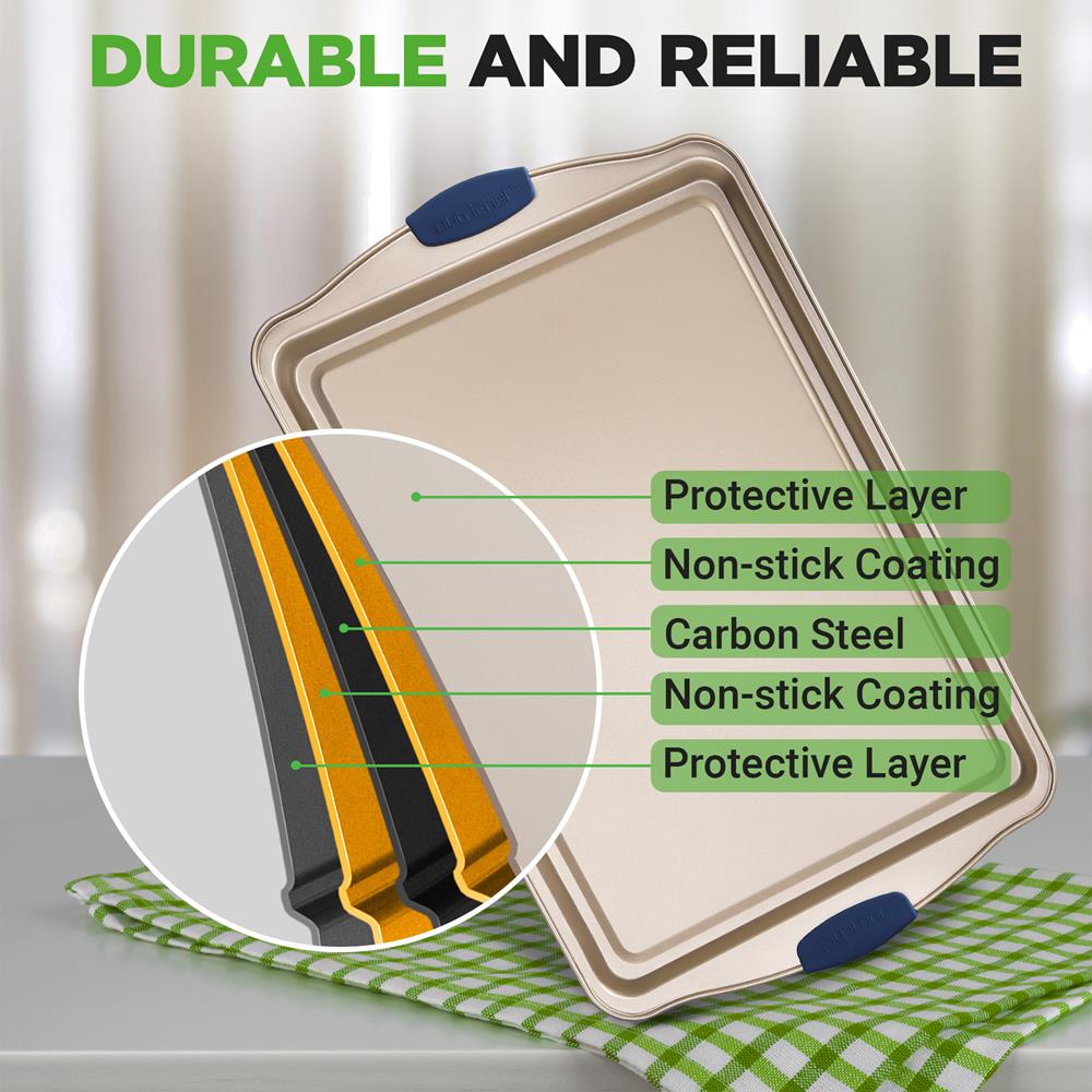 3-Piece Nonstick Bakeware Set - Easy Clean Carbon Steel, Blue Handles - Thumbnail 4