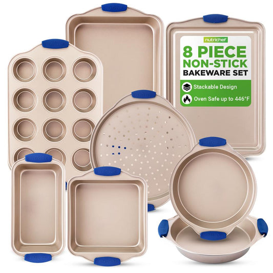 8-Piece Nonstick Bakeware Set - Easy Release Carbon Steel, Blue Handles