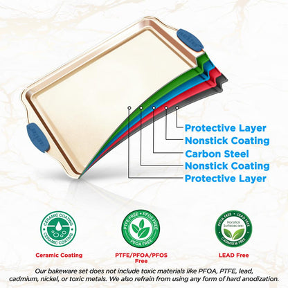 8-Piece Nonstick Bakeware Set - Easy Release Carbon Steel, Blue Handles