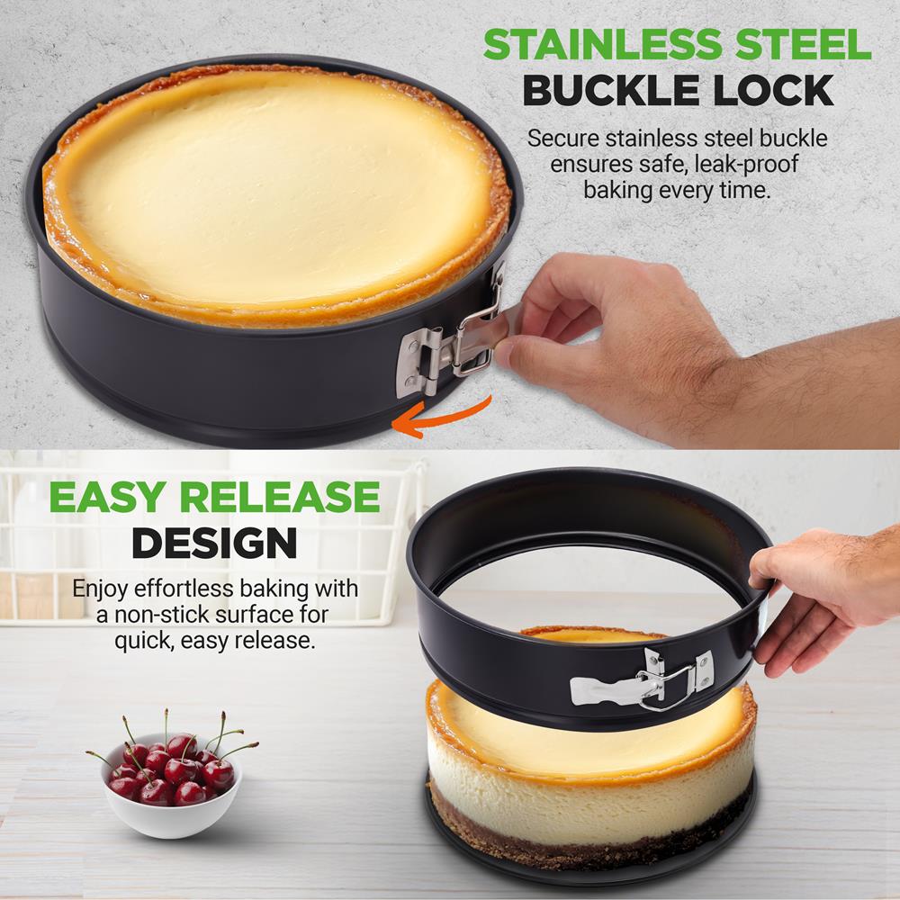 3-Piece Nonstick Springform Pan Set, Easy Release, Carbon Steel, Black - Thumbnail 2