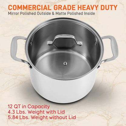 12-Quart Stock Pot, Even Heat, Stainless Steel, Tempered Glass Lid