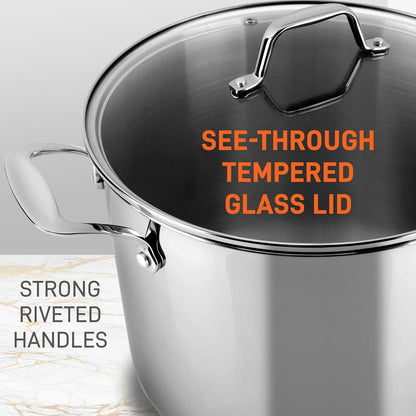 12-Quart Stock Pot, Even Heat, Stainless Steel, Tempered Glass Lid